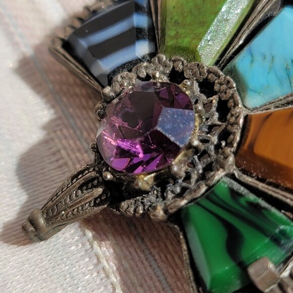 Vintage Miracle Signed Celtic Irish Scottish Faux Stones Fan Shaped Brooch Pin - Picture 11 of 15